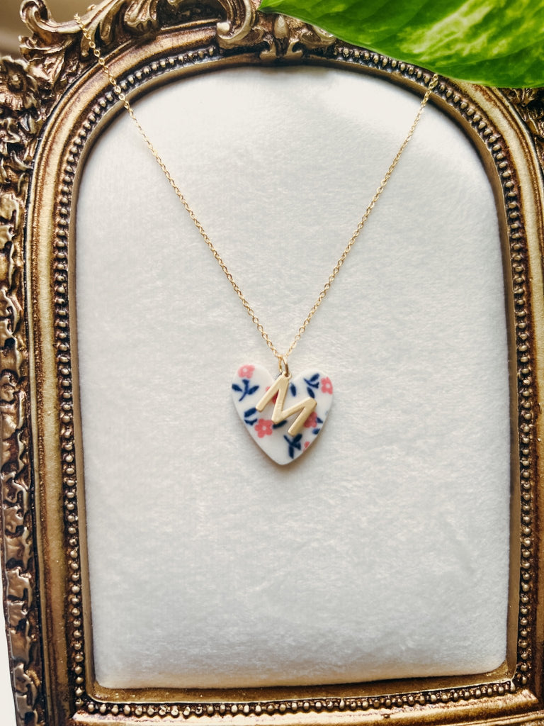 Ditsy Floral Heart + Initial Charm Necklace - Customize! - Daily Magic