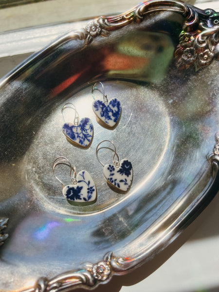 Toile Flower Garden Porcelain Heart Earrings - Daily Magic
