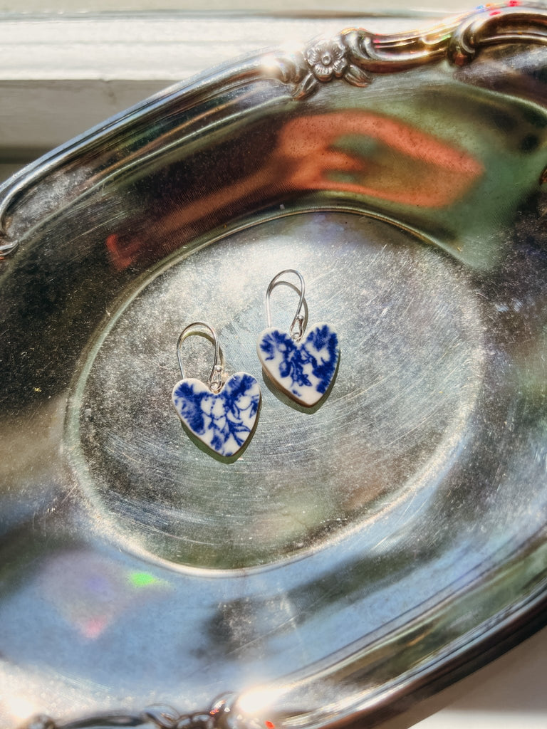 Toile Flower Garden Porcelain Heart Earrings - Daily Magic