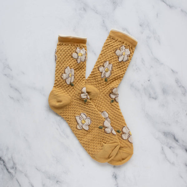 Women's Cartoon Drawing Flower Socks: Mustard - Daily Magic